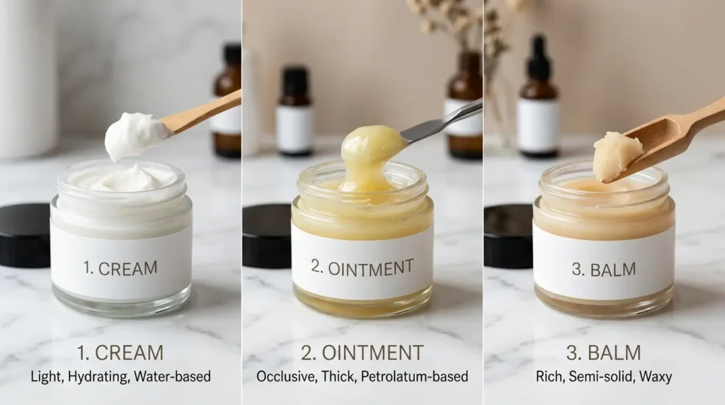 Skincare comparison showing cream, ointment, and balm with distinct light, glossy, and waxy textures on a white marble surface in a clean dermatology-style editorial setting.