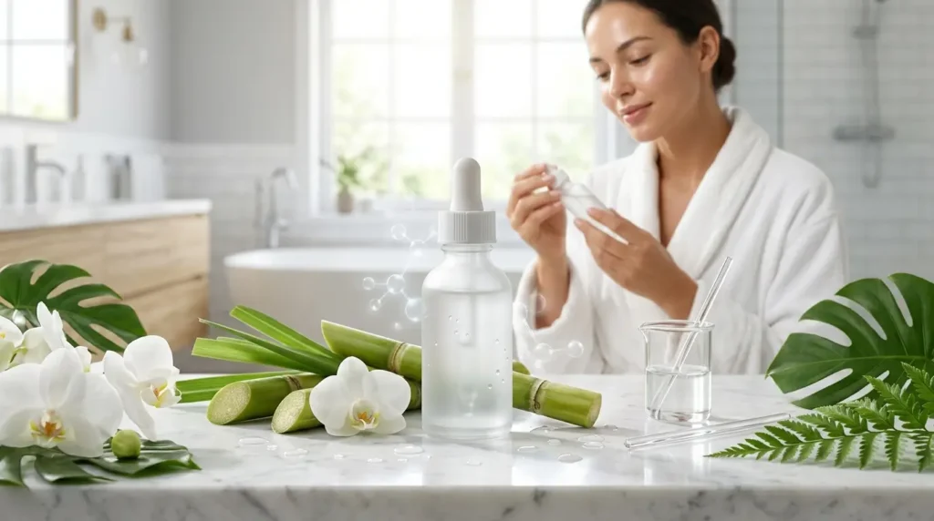 Luxury glycolic acid serum on a white marble countertop with sugar cane, orchids, botanical leaves, and laboratory glassware, while a woman with glowing skin prepares for her skincare routine in a bright spa-inspired bathroom.