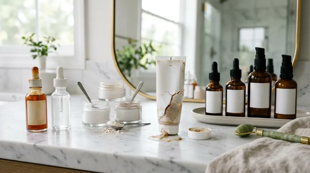 Skincare vanity displaying common storage mistakes with oxidized Vitamin C serum, loose powders, and an open bottle beside properly stored premium skincare products in dark amber bottles.