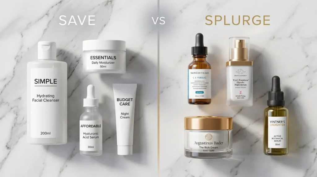 Split skincare flat lay showing budget vs luxury products labeled “Save” and “Splurge” on marble surface.