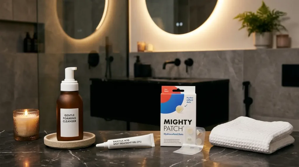 Nighttime acne skincare routine with cleanser, spot treatment, hydrocolloid patch, and clean towel arranged in the correct order.