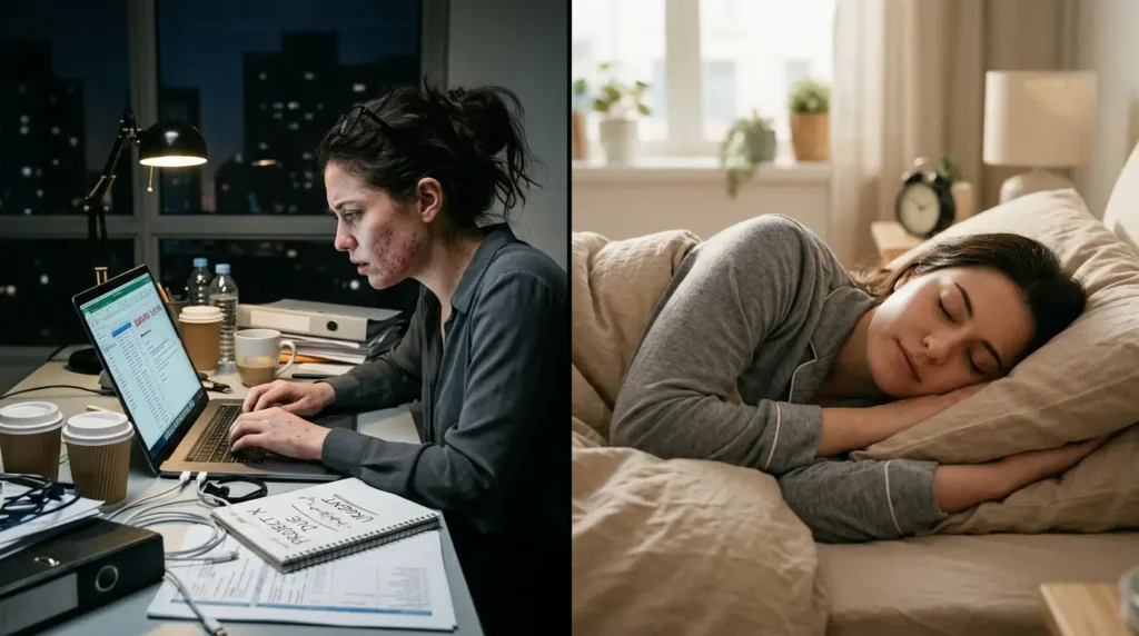 Split-screen of a stressed woman with jawline acne working late and the same woman sleeping peacefully with healthier skin.