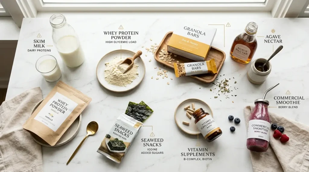 Common foods that cause acne, including whey protein, skim milk, granola bars, smoothies, and supplements, displayed in a healthy food flat lay.