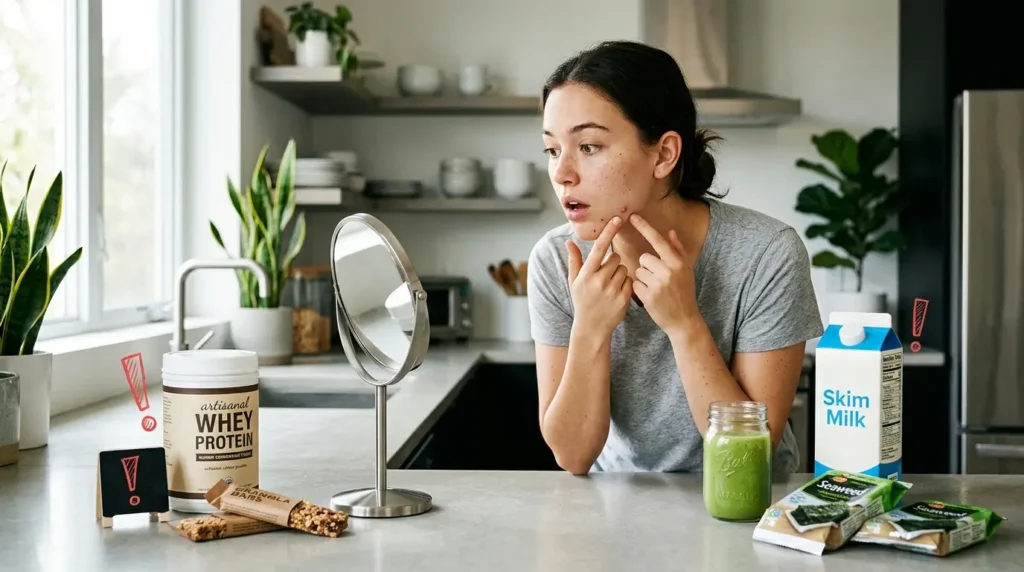 Woman with jawline acne in a kitchen surrounded by healthy foods that may trigger breakouts, highlighting surprising foods that cause acne.