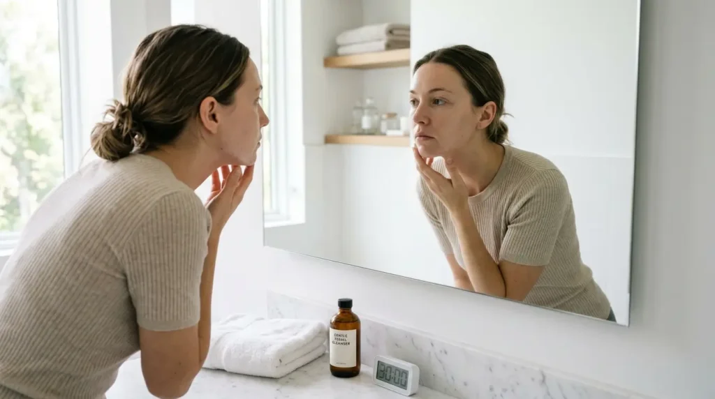 Skincare self-assessment scene with bare face and natural daylight after 30 minutes of cleansing.