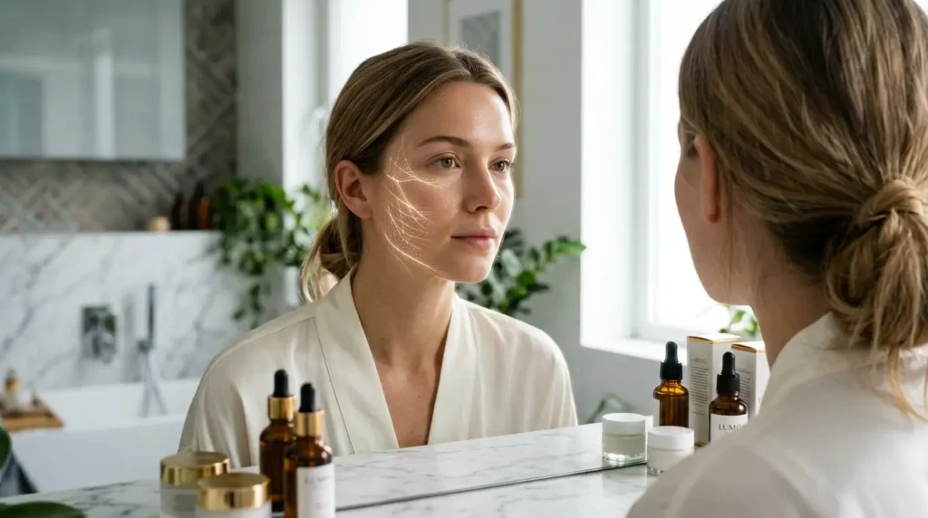Close-up of a 25-year-old woman with naturally radiant skin looking into a bathroom mirror, with skincare products on a marble countertop and subtle collagen-inspired glowing effects beneath her skin.
