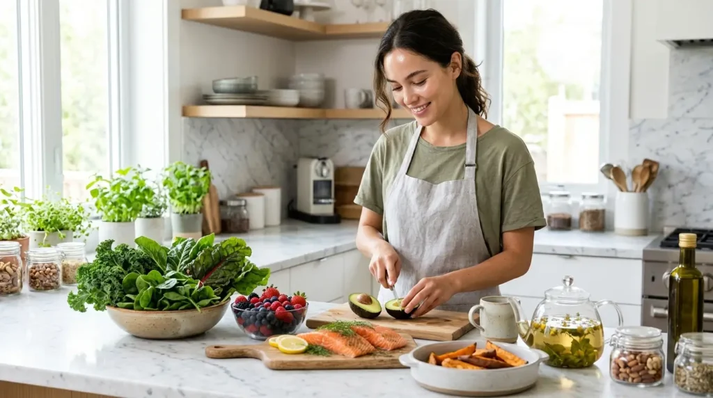 Woman preparing nutrient-rich foods like berries, salmon, and leafy greens for healthy, glowing skin.