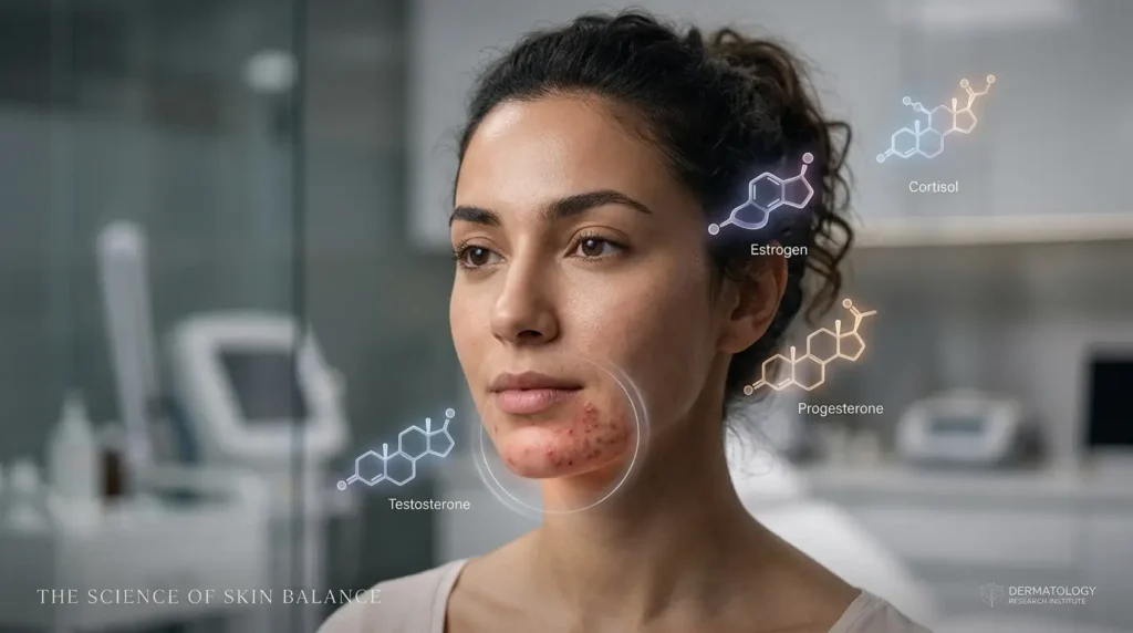 Woman with jawline acne surrounded by hormone graphics, illustrating the connection between hormones and hormonal acne.