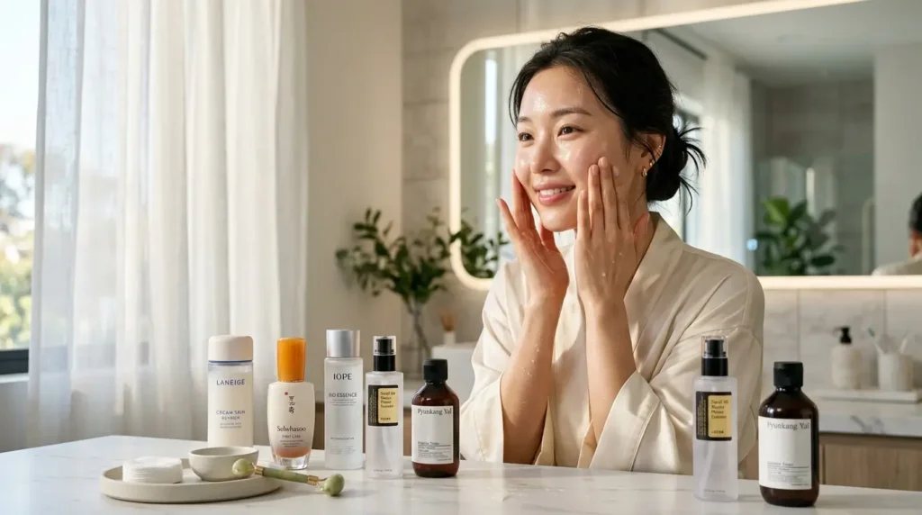 Woman with glowing glass skin applying layered toner and essence during a Korean skincare routine.
