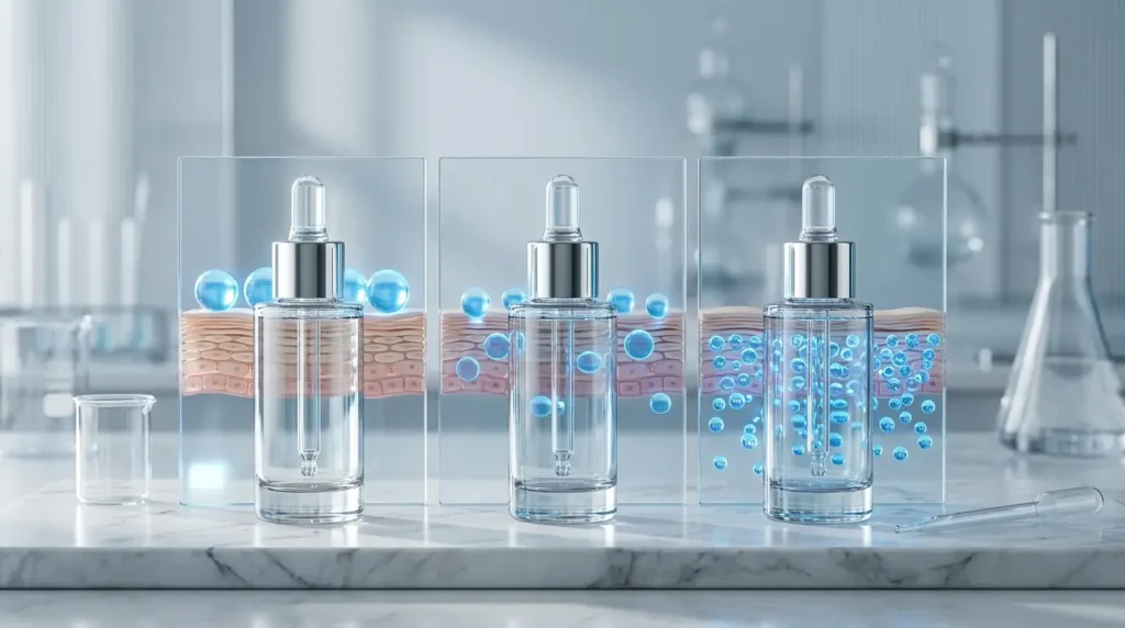 Three hyaluronic acid serum bottles representing different molecular weights on a white marble surface with water layers and hydration-inspired scientific elements in a luxury skincare setting.