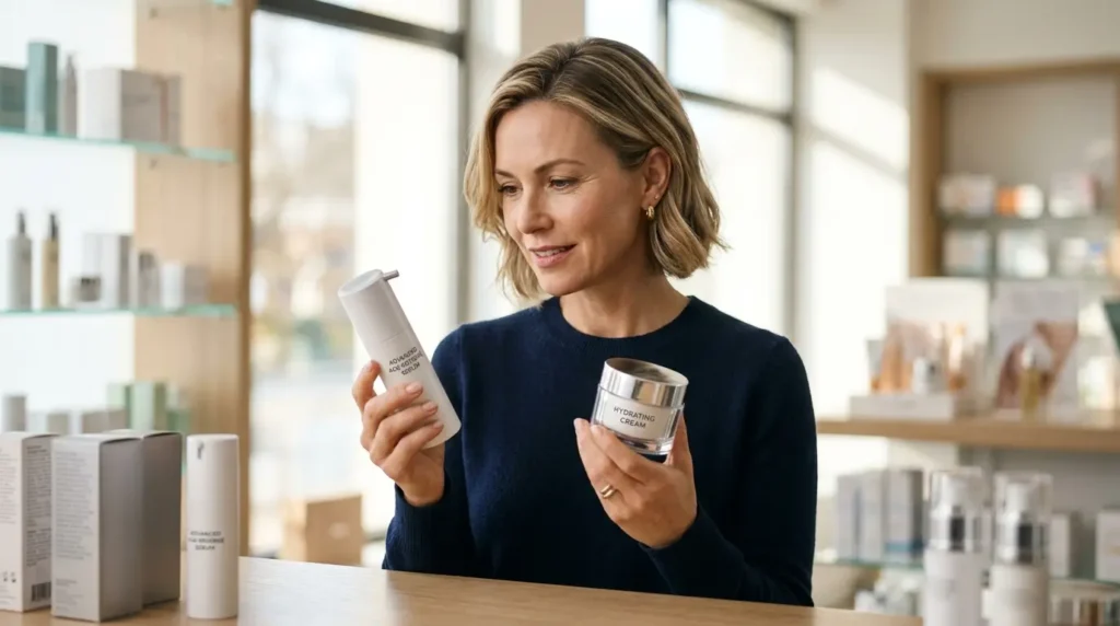 Woman in her early 40s comparing an airless pump bottle and a clear glass jar of anti-aging face cream in a bright modern pharmacy with softly blurred skincare shelves in the background.