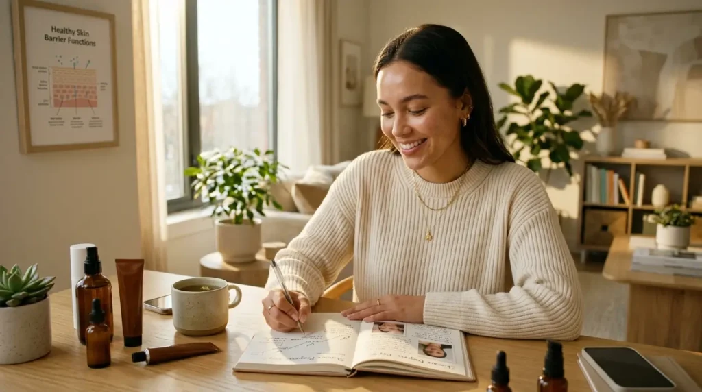 Woman tracking her acne healing journey in a skincare journal, showing clearer skin and 90-day progress.