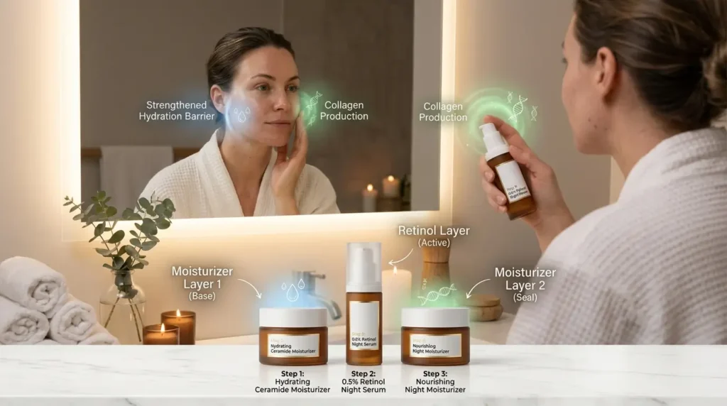 Woman demonstrating the retinol sandwich method by applying moisturizer, retinol, and moisturizer for hydrated, healthy anti-aging skin.