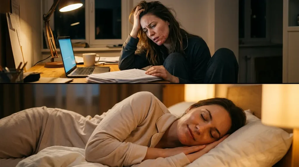 Split-screen showing a stressed woman with acne and the same woman sleeping peacefully with clear, glowing skin.