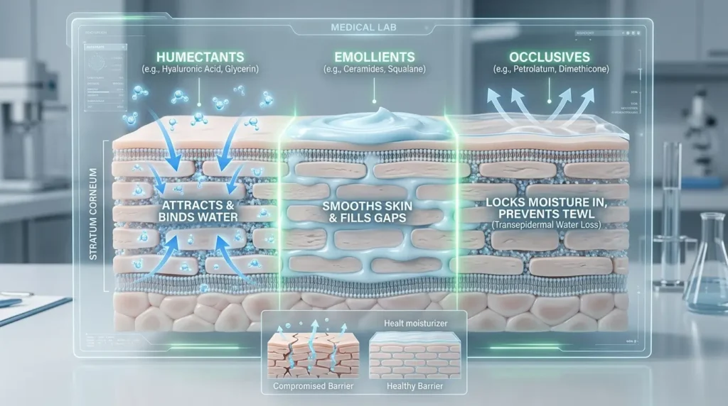 Dermatology infographic illustrating moisturizer science with hydration, repair, and protective skin layers.