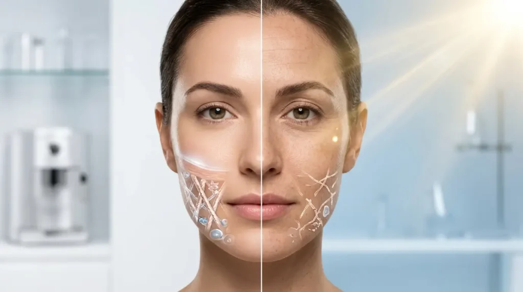 Split-face illustration showing UV sun damage versus protected skin, highlighting collagen loss, fine lines, and the benefits of daily sunscreen use.