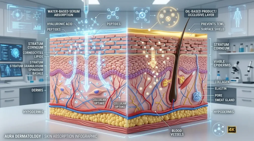 Scientific skin diagram illustrating product absorption through epidermis with labeled skincare layers.