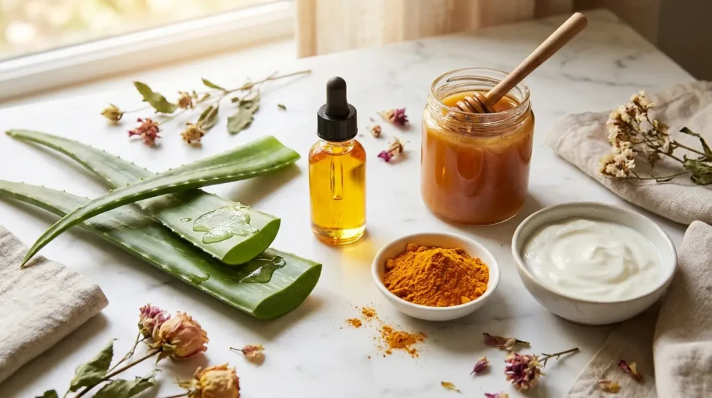 Natural acne scar remedies including aloe vera, rosehip oil, Manuka honey, turmeric, and yogurt arranged in a skincare flat lay.