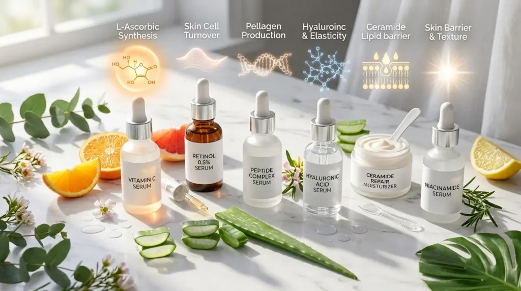 Flat lay of collagen-boosting skincare products including retinol, Vitamin C, peptides, hyaluronic acid, niacinamide, ceramide moisturizer, and SPF sunscreen.