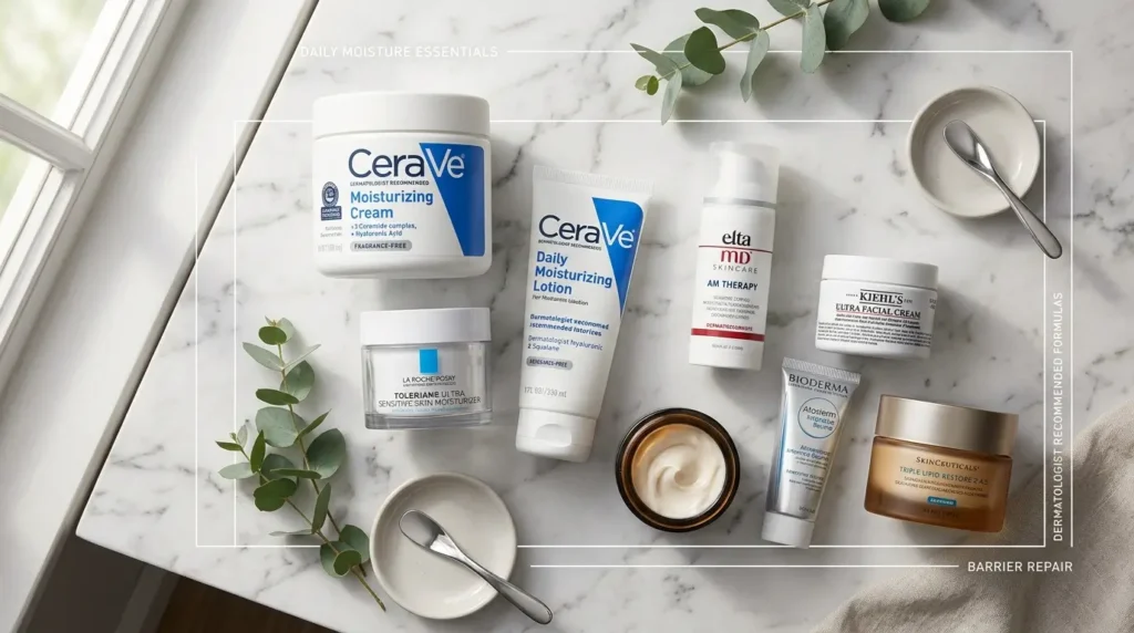 Luxury flat lay of dermatologist-recommended moisturizers on a white marble surface, featuring cream jars, balm tubes, and ointment products in a clean spa-inspired skincare setting.