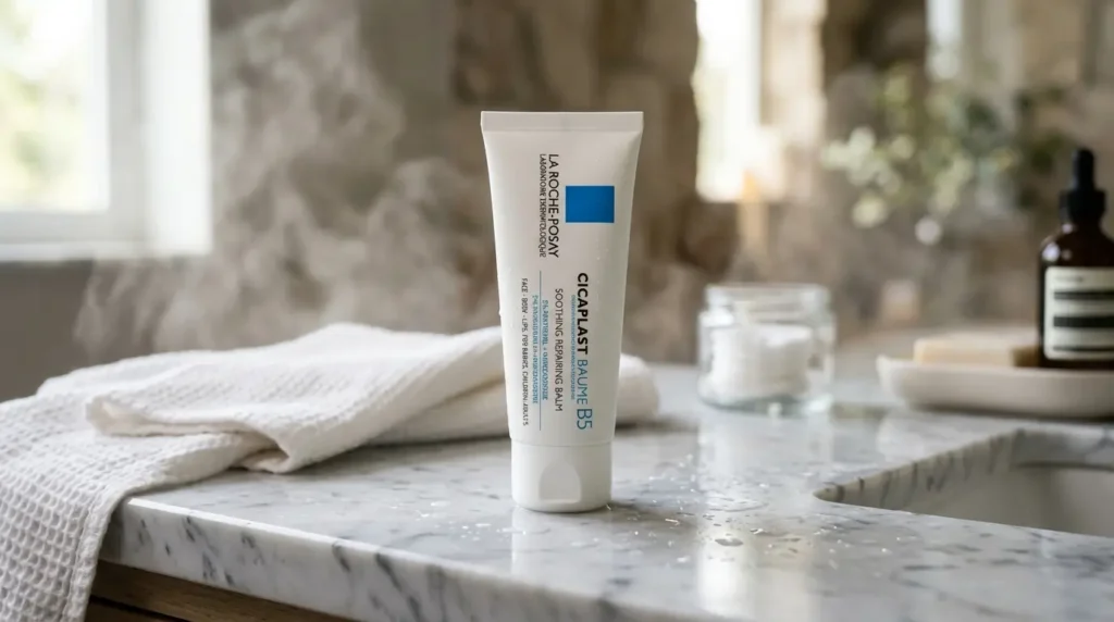 Close-up of La Roche-Posay Cicaplast Baume B5 on a marble bathroom counter with soft natural light, water droplets, and a luxury spa-inspired skincare setting.