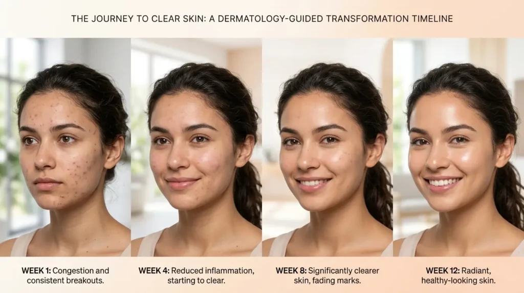 Acne skincare transformation timeline showing skin gradually improving from breakouts to a clearer, healthier complexion over several weeks.