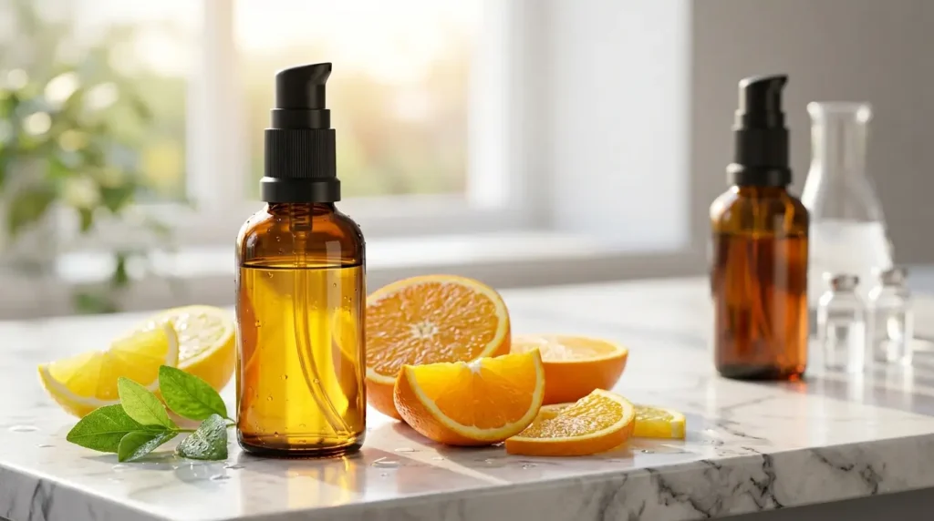 Elegant amber Vitamin C serum bottle with airless pump on a white marble countertop beside fresh citrus, with an oxidized serum bottle softly blurred in the background to illustrate serum stability.
