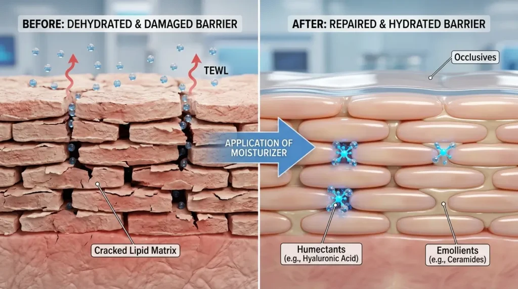 Skin barrier cross-section showing moisturizer repairing gaps with hydration and protective layers forming.