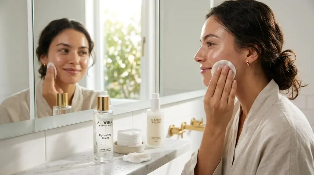Woman applying facial toner with a cotton pad in a bright modern bathroom, surrounded by skincare products on a vanity.