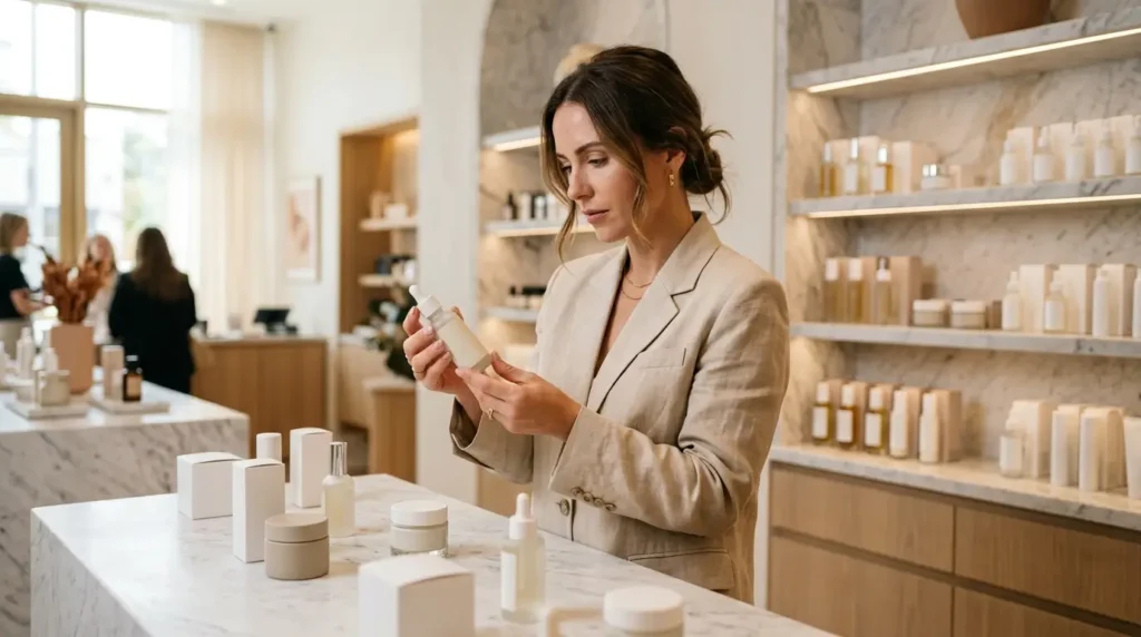Woman examining a premium hyaluronic acid serum bottle in a modern beauty boutique with elegant minimalist skincare products displayed on marble shelves.