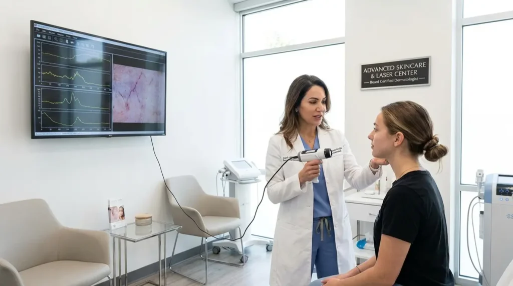 Board-certified dermatologist examining acne scars with digital skin analysis during a professional skincare consultation.