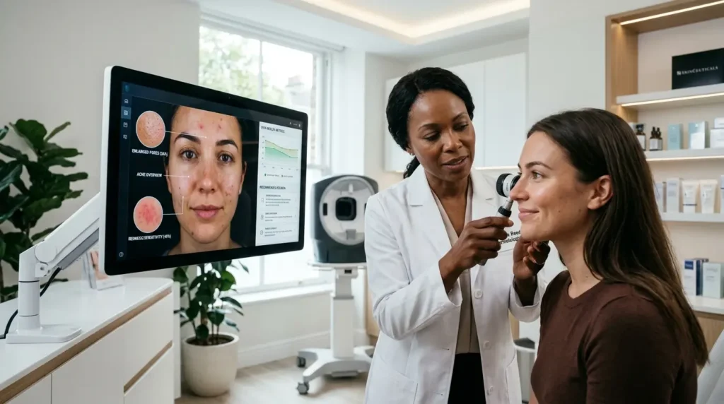 Dermatologist examining patient skin with digital skin analysis screen in a modern skincare clinic.