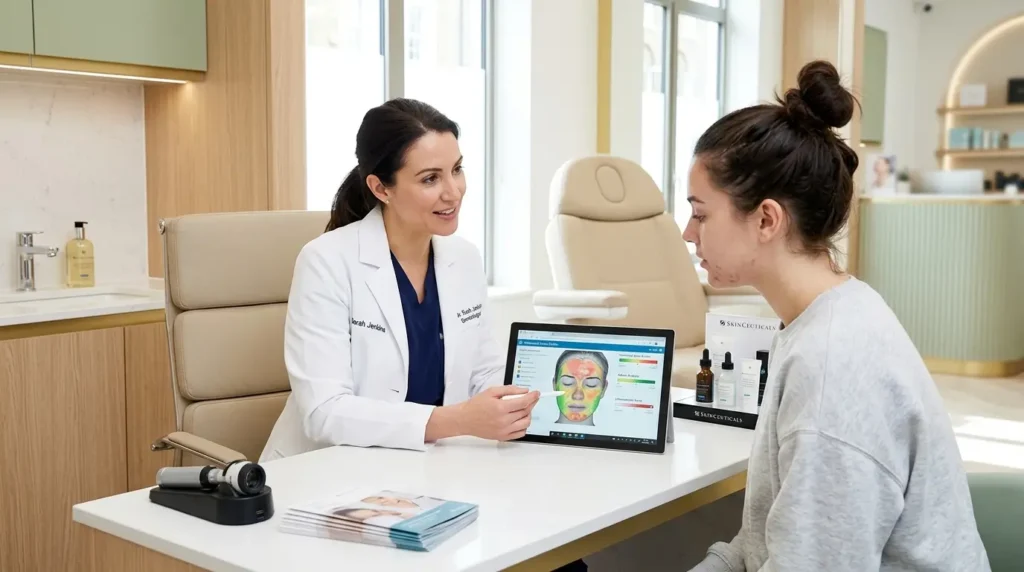 Dermatologist discussing acne, skincare, diet, and stress management with a woman during a skincare consultation.