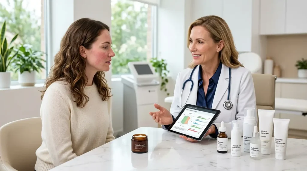 Dermatologist consulting a woman about safe retinol use, recommending gentle skincare alternatives for sensitive skin and barrier repair.