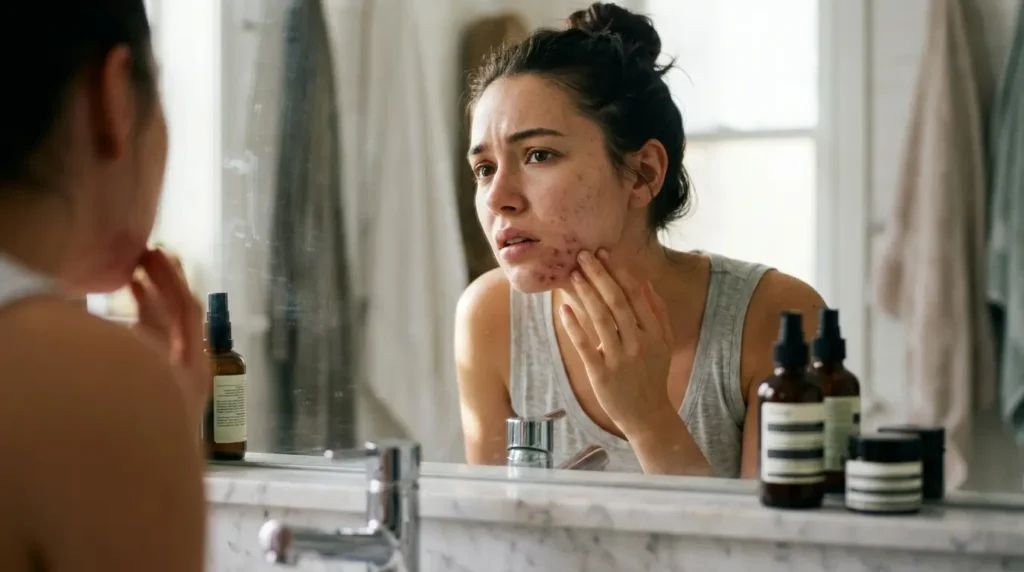 Woman examining painful hormonal acne on her chin and jawline while looking into a bathroom mirror.