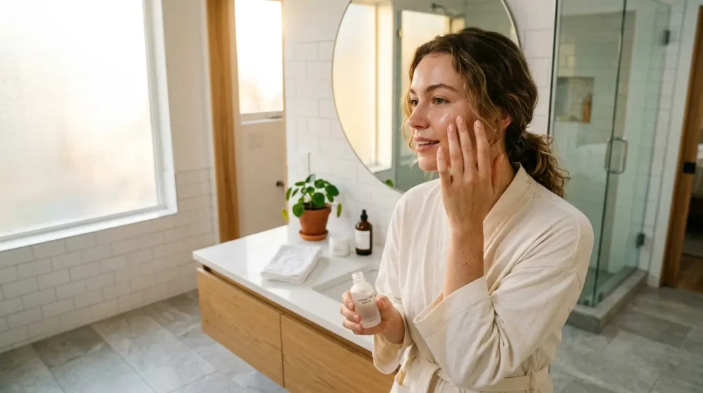 A woman in a white robe applies skincare serum in a bright, modern bathroom. She stands by a vanity with a round mirror, plant, and skincare bottles, conveying a serene and self-care mood.