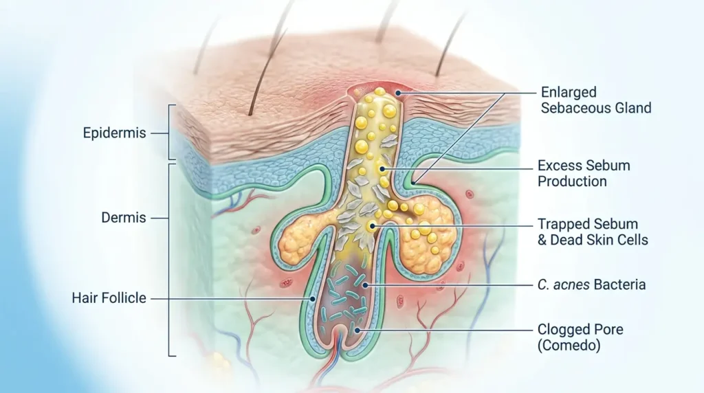 Skin cross-section showing excess oil production, clogged pores, bacteria, and acne formation beneath the skin surface.