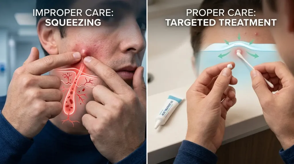 Split-screen showing the dangers of popping pimples versus using proper acne treatment to prevent inflammation and scarring.