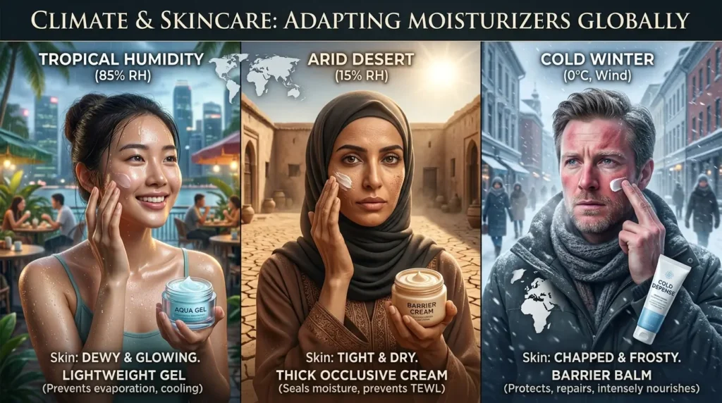 Global skincare infographic showing skin care adaptation in tropical, arid, and winter environments.