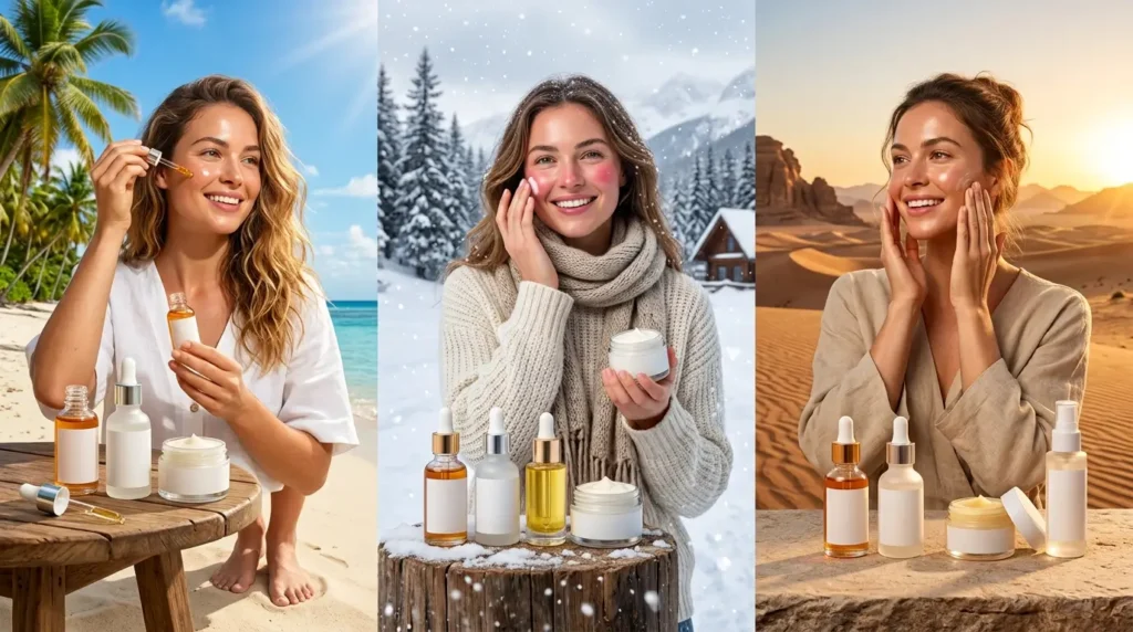 Split-scene beauty editorial showing the same woman adjusting her skincare routine for tropical, snowy, and desert climates with Vitamin C, niacinamide serums, and climate-appropriate moisturizers.