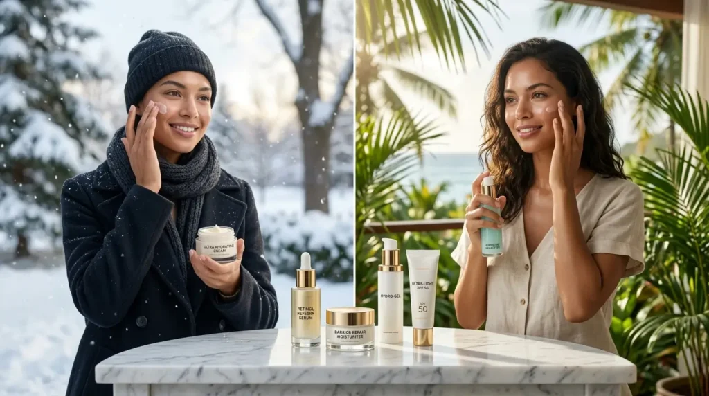 Split-scene skincare editorial showing a woman adapting her retinol routine for winter and tropical climates, with retinol, moisturizer, and sunscreen displayed on a marble vanity between both settings.