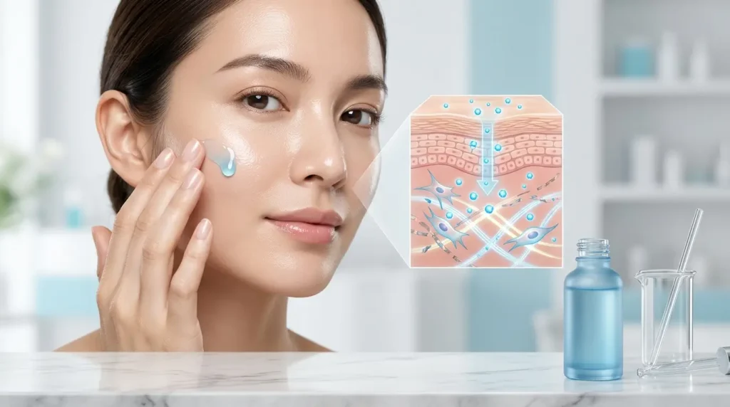 Woman applying a blue copper peptide serum with a skin cross-section illustrating collagen repair and barrier restoration, alongside an elegant serum bottle in a bright modern skincare clinic.