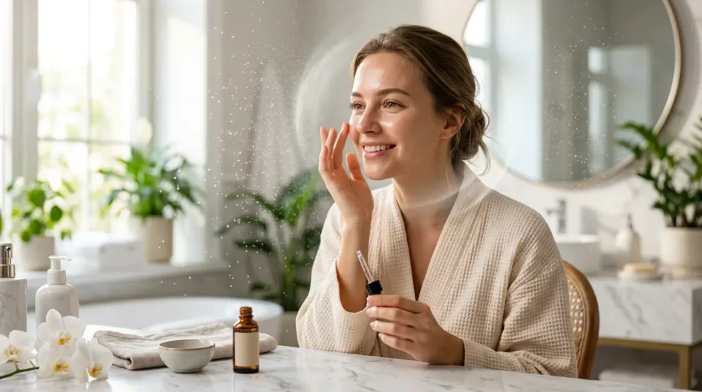 Woman with glowing hydrated skin applying niacinamide serum in a bright spa-inspired bathroom with soft natural light, symbolizing skin barrier repair and moisture retention.