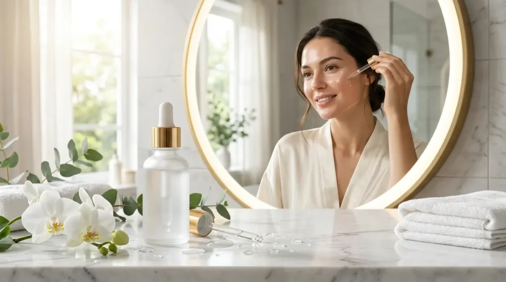 Luxury niacinamide serum bottle on a white marble vanity with orchids and eucalyptus, while a woman with glowing skin applies serum in a bright spa-inspired bathroom.