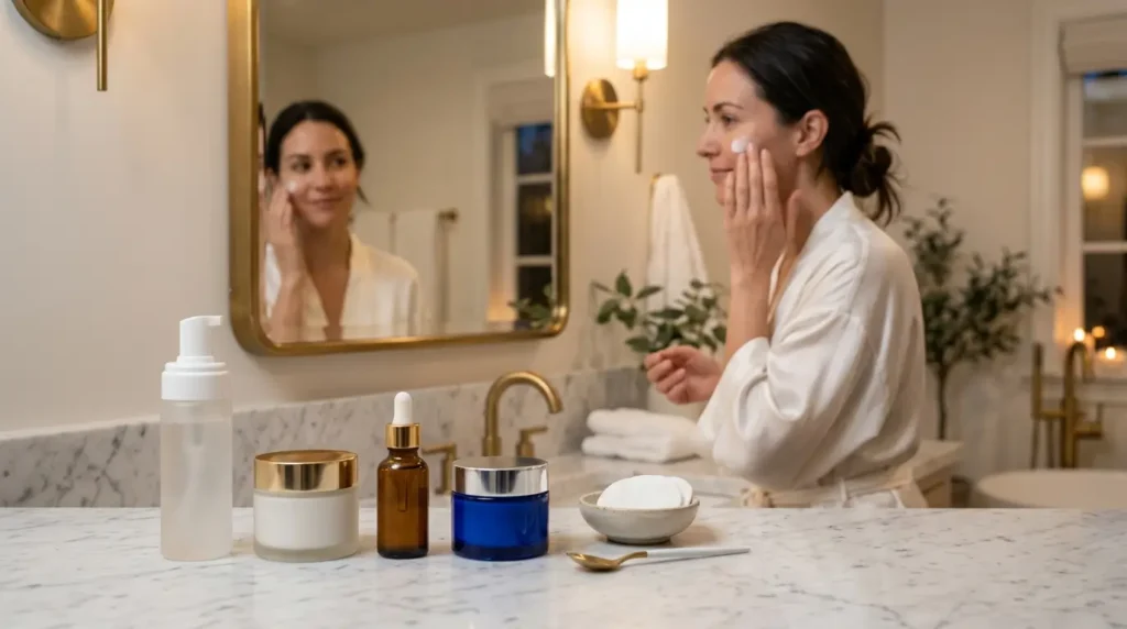 Luxury flat lay of a beginner retinol skincare routine with cleanser, ceramide moisturizer, retinol serum, and night cream on a white marble countertop, with a woman applying moisturizer in a softly lit bathroom.