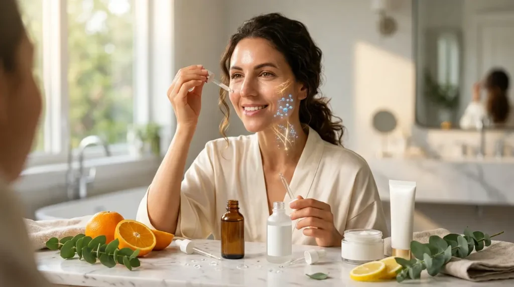 Woman applying Vitamin C and niacinamide serums during her morning skincare routine, with skincare products, citrus fruits, moisturizer, and sunscreen on a white marble vanity in soft natural sunlight.