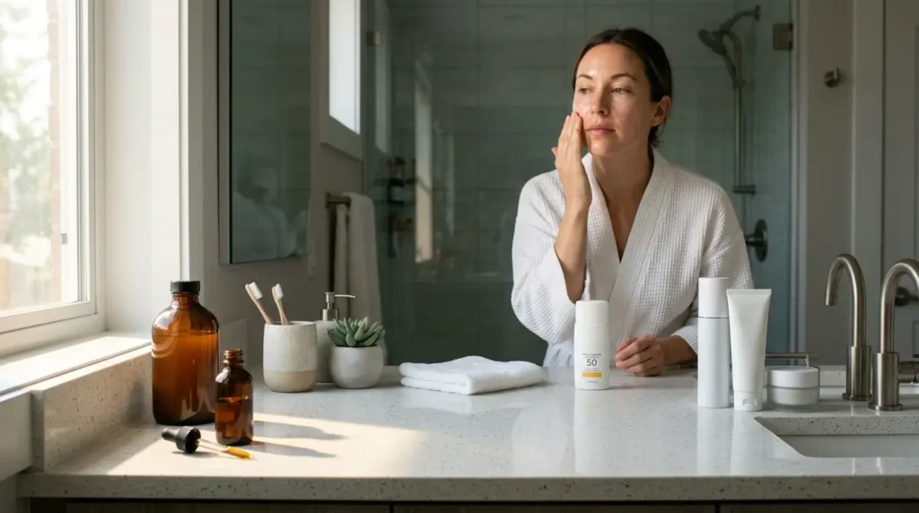 Modern bathroom scene showing common Vitamin C serum mistakes with an open bottle near a sunny window, a large serum bottle, and a woman applying sunscreen with healthy glowing skin.