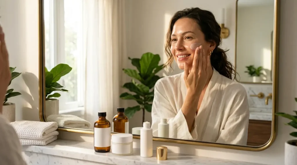 Woman applying sunscreen in a bright modern bathroom after a glycolic acid routine, with glycolic acid toner, ceramide moisturizer, and SPF neatly arranged on a white marble vanity.
