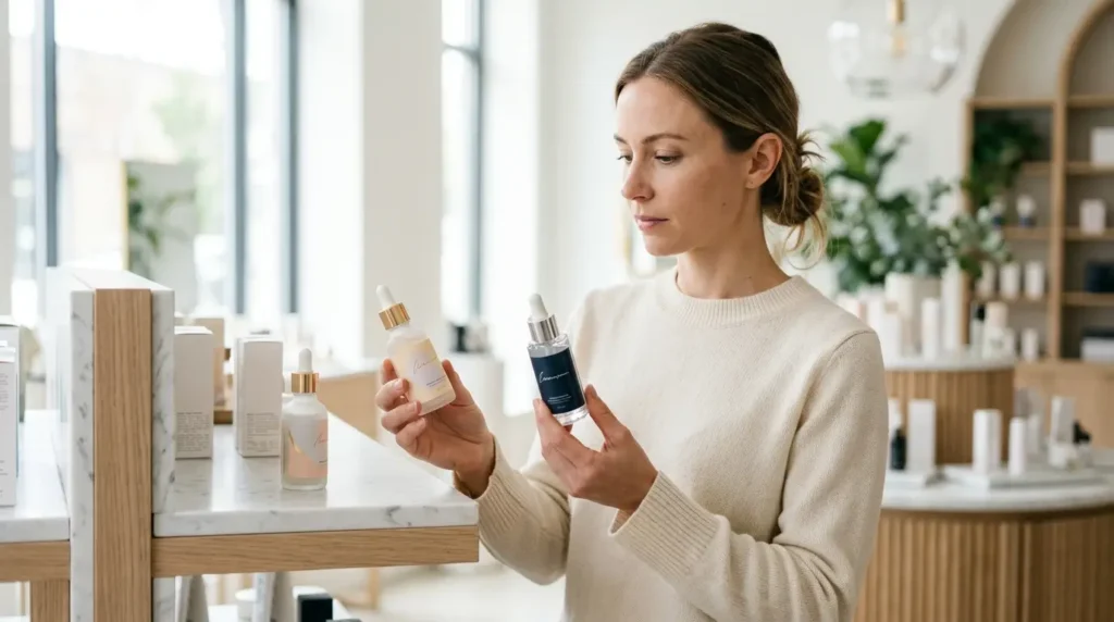 Close-up portrait of a woman with radiant healthy skin, surrounded by subtle glowing cellular effects and microscopic skin illustrations representing Vitamin B3 skin repair.