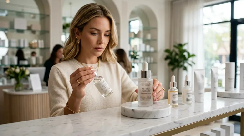 Woman comparing beginner-friendly retinol serums in a luxury beauty store, with a premium serum bottle displayed on a white marble shelf in a bright, elegant skincare setting.